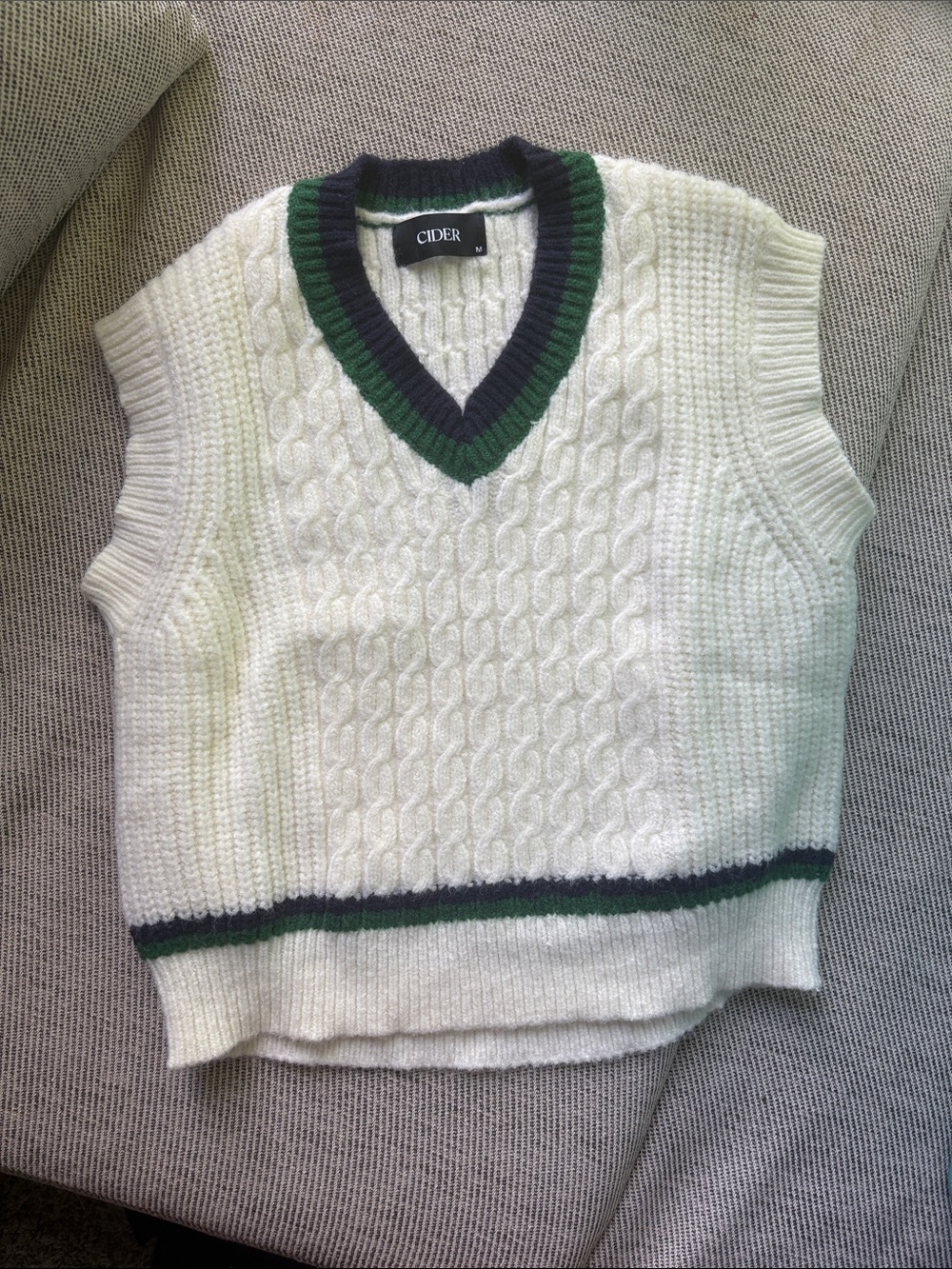 Cider Cream Cable Knit V-Neck Sweater Vest with Green & Navy Trim